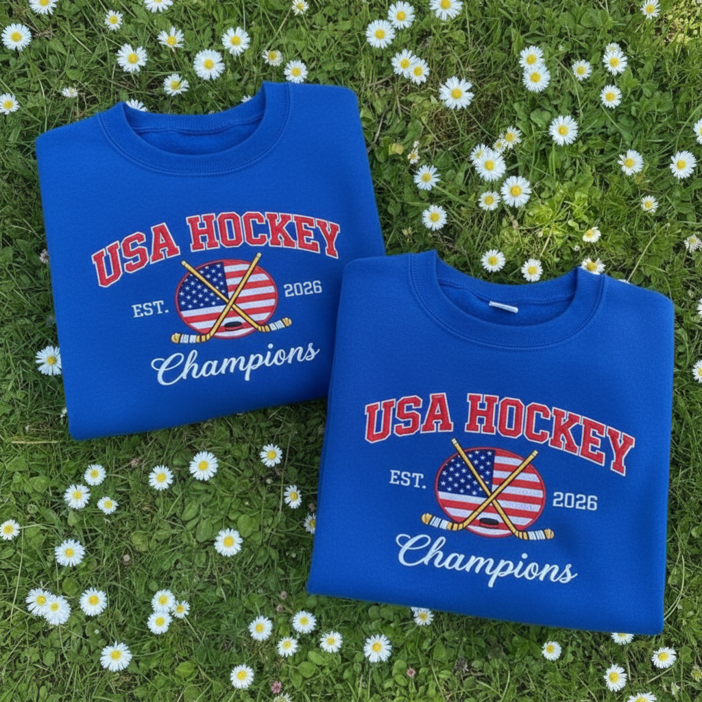 Embroidered USA Ice Hockey Sweatshirt, Winter Sports Champions Tee, Quinn Hughes Jack Hughes Shirt, USA Mens Hockey Gold Medal Fans Gift