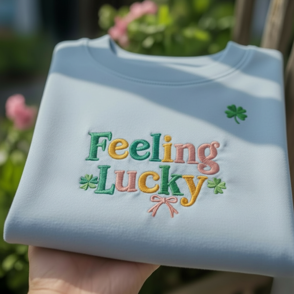 Feeling Lucky Embroidered Sweatshirt, St Patricks Day Apparel Top, Lucky Shamrock Gift Shirt, Pink Bow Irish Top, Festive Lucky Apparel Top
