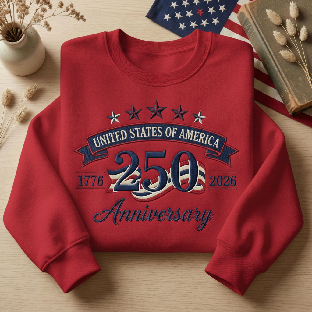 USA 250th Anniversary Embroidered Sweatshirt, America 1776–2026 Crewneck, Patriotic Fourth of July Shirt
