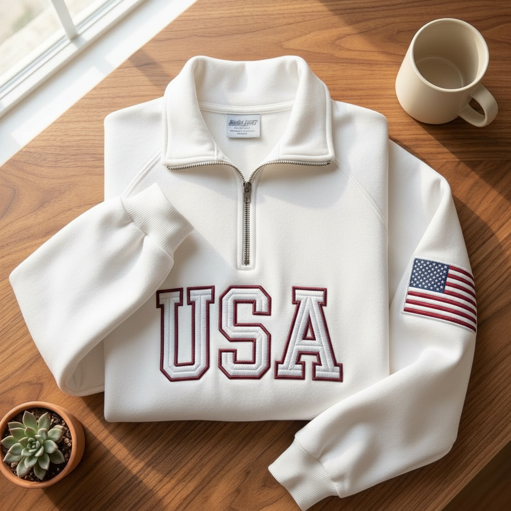 USA Quarter Zip Sweatshirt, Embroidered USA Pullover, Patriotic American Flag Sweater, 4th of July Outfit, Retro USA With Flag Shirt