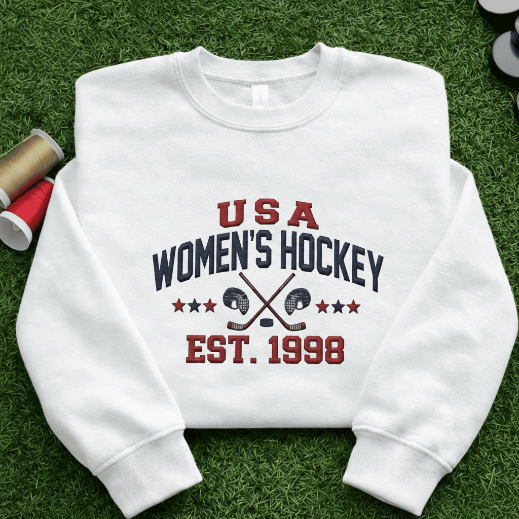 Embroidered Womens Hockey Sweatshirt, USA Ice Hockey, Winter Sports Champions, USA Hockey Lover Gift, Winter Sports Sweater, USA Hockey