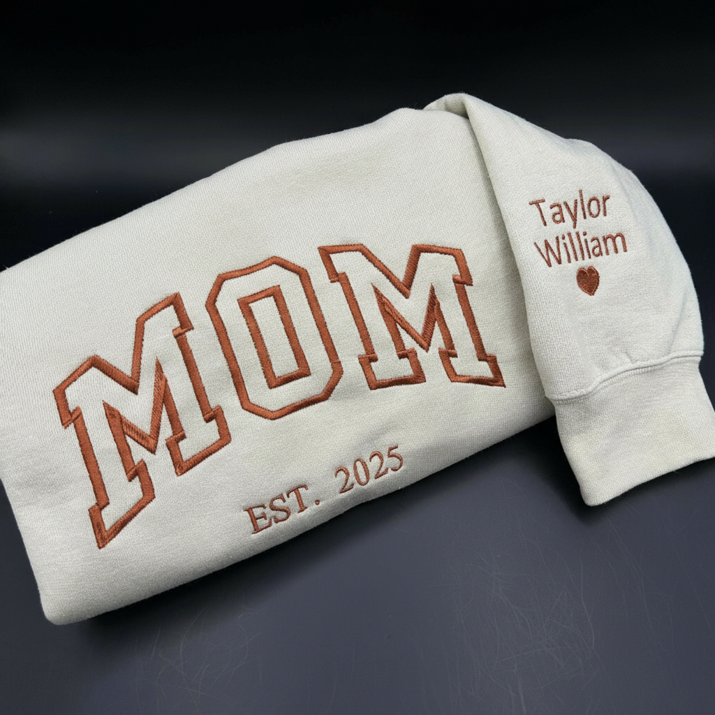 Custom Embroidered Sweatshirt, Personalized Name on Sleeve with Heart, Sweater with Date, Grandma Gift for New Mom, Meaningful Christmas Gift