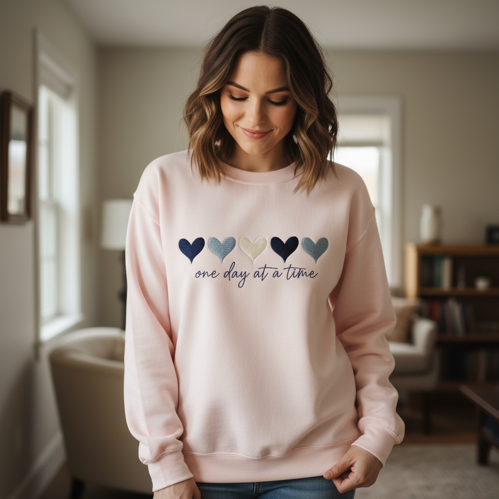 One Day At A Time Embroidered Design, Inspirational Mental Health Quote, Cute Hearts Gift Design