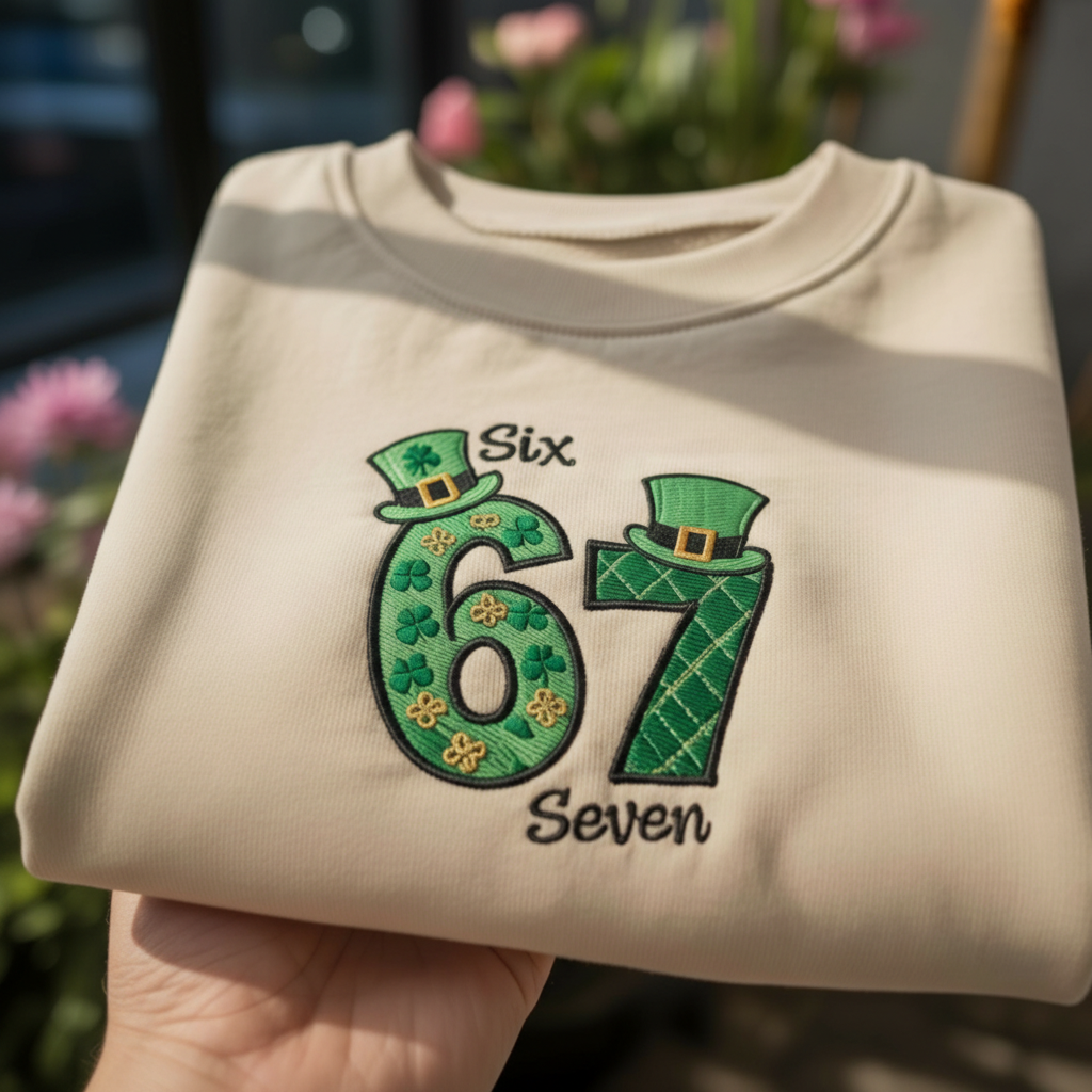 Six Seven St Patrick's Day Embroidered Sweatshirt, Lucky Number Irish Shirt, Green Clover Hat Apparel, Saint Paddy Day Crewneck Sweater