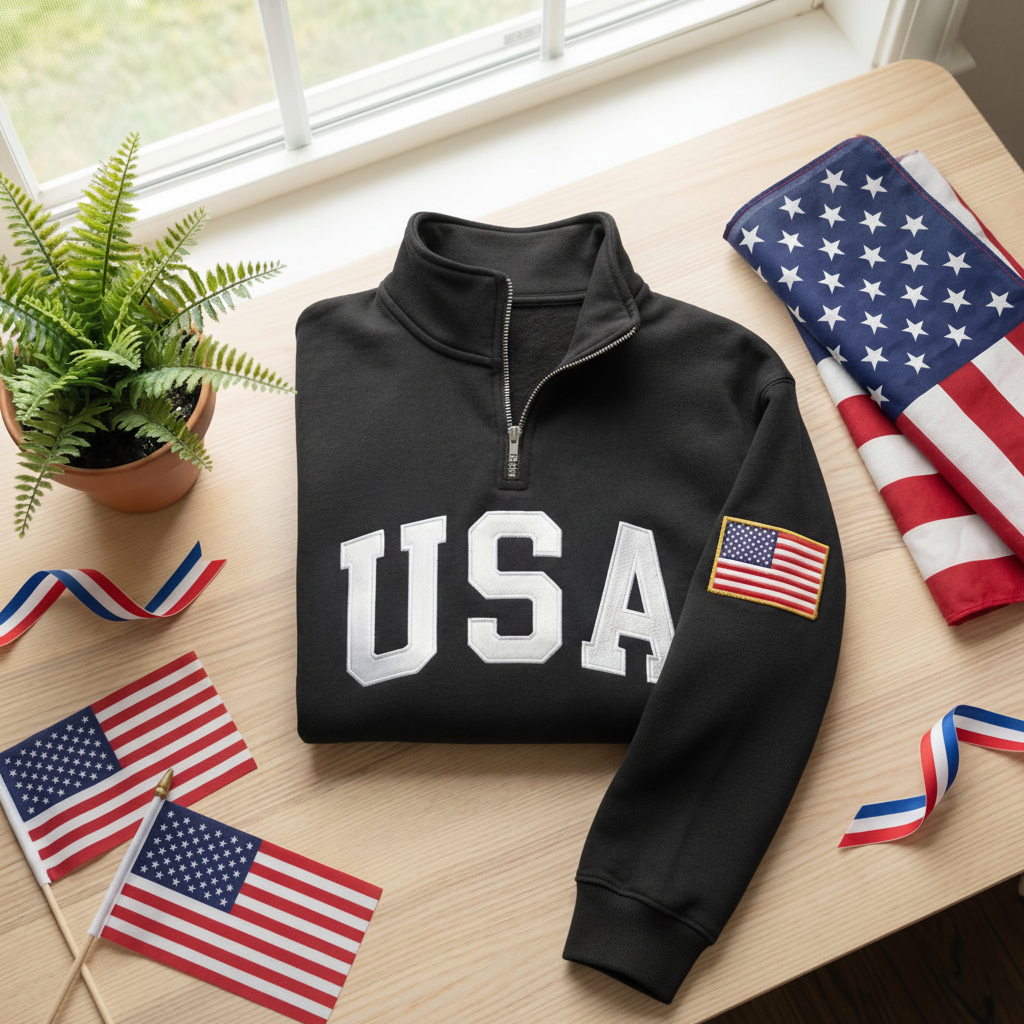Embroidered USA Quarter Zip Sweatshirt, American Flag Pullover, Patriotic USA Jacket, 4th of July Outfit Tee, Unisex USA Embroidered Shirt