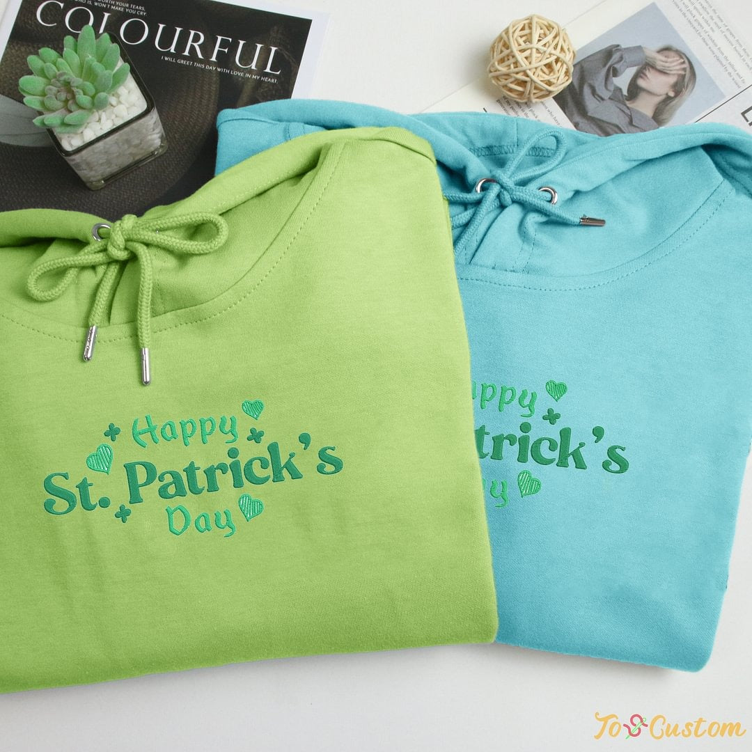 Happy St. Patrick’s Day Heart Embroidered Hoodie – Irish Holiday Sweatshirt