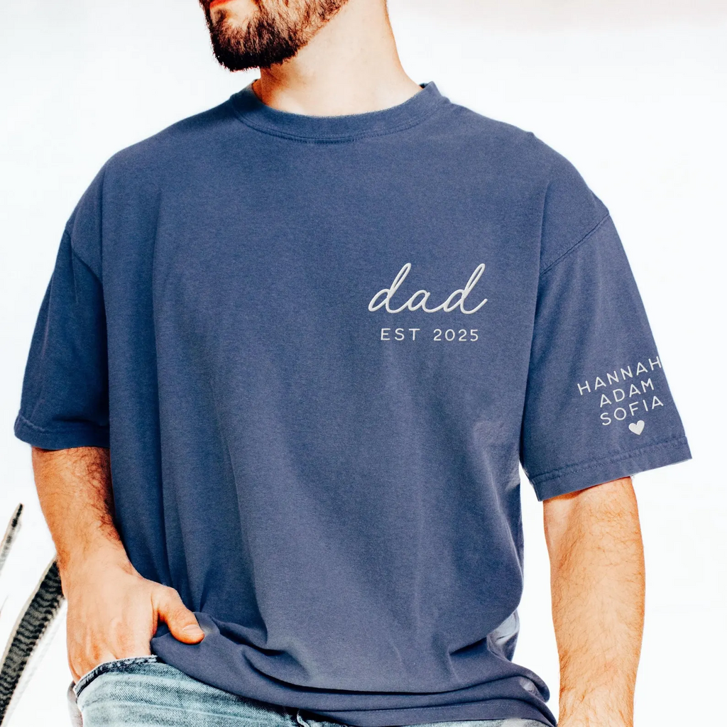 Custom Dad Embroidered T-Shirt With Kids Names on Sleeve, Personalized Father’s Day Gift