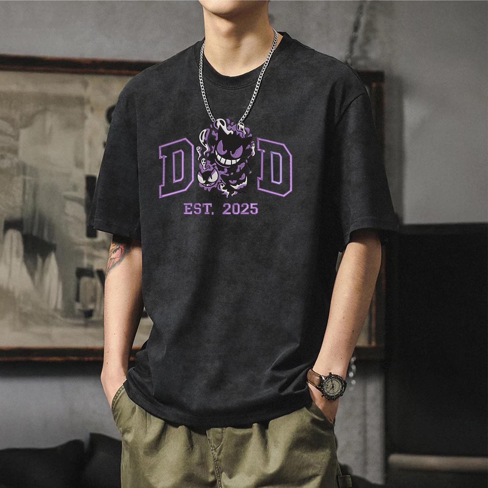 Custom Anime Dad Embroidered Washed T-Shirt, Personalized Father’s Day Gift