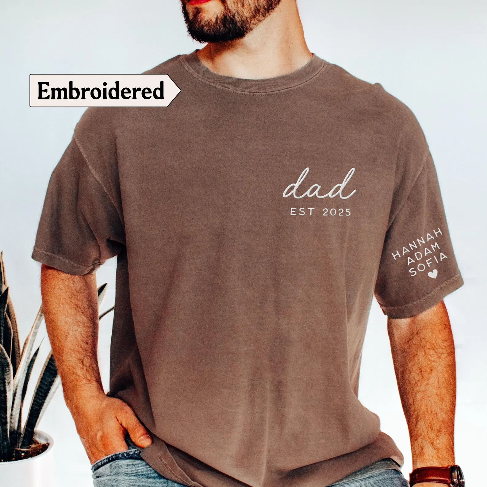 Custom Dad Embroidered T-Shirt With Kids Names on Sleeve, Personalized Father’s Day Gift