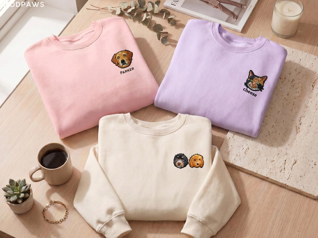 May include: Three crewneck sweatshirts in light pink, lavender, and cream. The pink sweatshirt features an embroidered dog face with the text PARKER. The lavender one shows a cat face with the text cheese. The cream sweatshirt displays two dog faces.