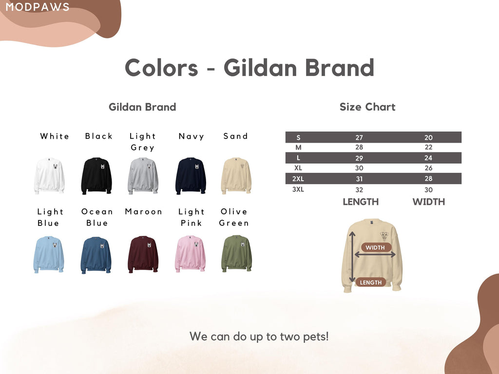 May include: A Gildan brand color chart for sweatshirts displaying ten available colors: white, black, light grey, navy, sand, light blue, ocean blue, maroon, light pink, and olive green. Includes a size chart with length and width in inches.