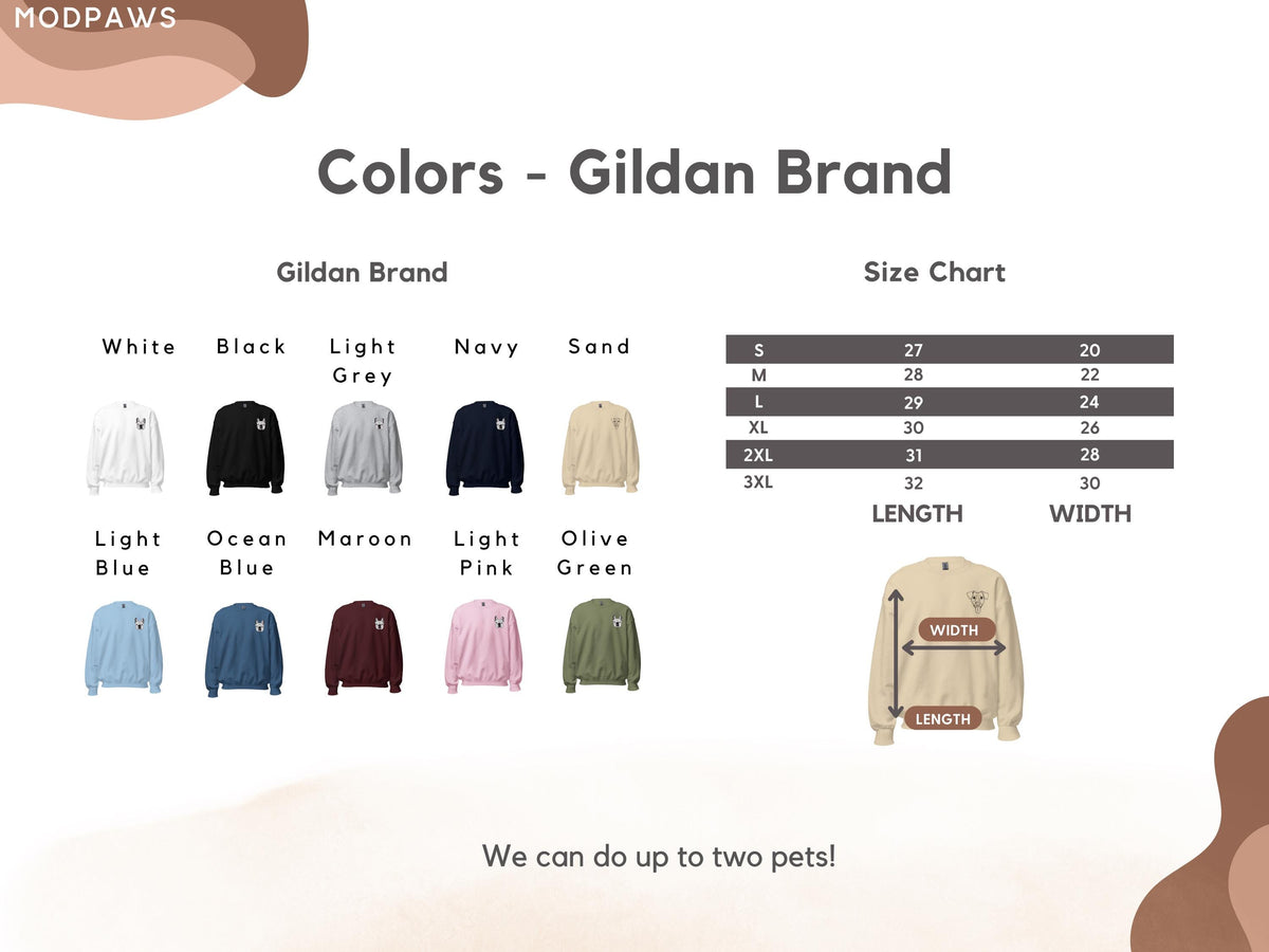 May include: A Gildan brand color chart for sweatshirts displaying ten available colors: white, black, light grey, navy, sand, light blue, ocean blue, maroon, light pink, and olive green. Includes a size chart with length and width in inches.