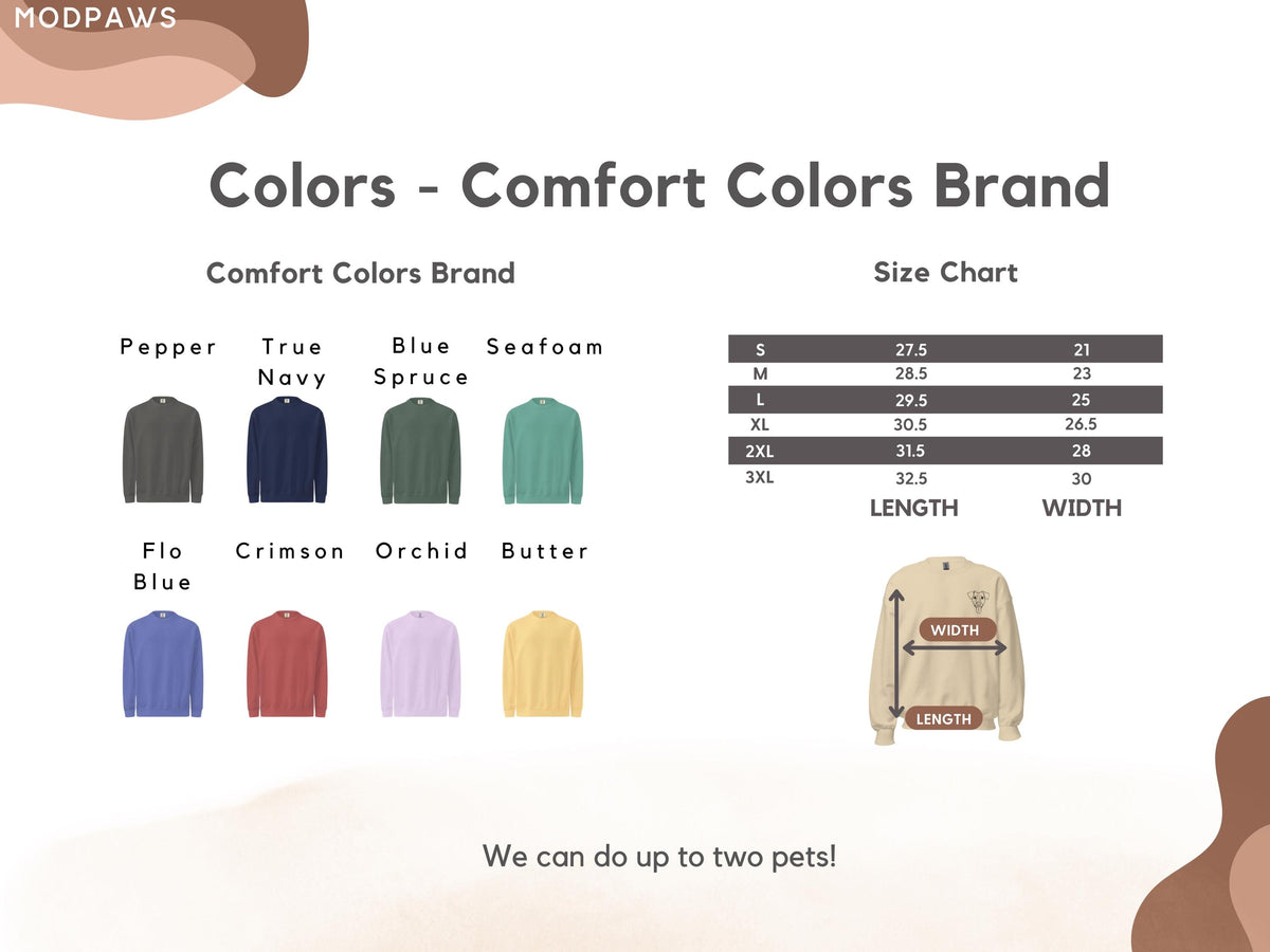 May include: A Comfort Colors brand color chart and size guide for sweatshirts. It displays eight color swatches labeled Pepper, True Navy, Blue Spruce, Seafoam, Flo Blue, Crimson, Orchid, and Butter, alongside a table with length and width in inches.