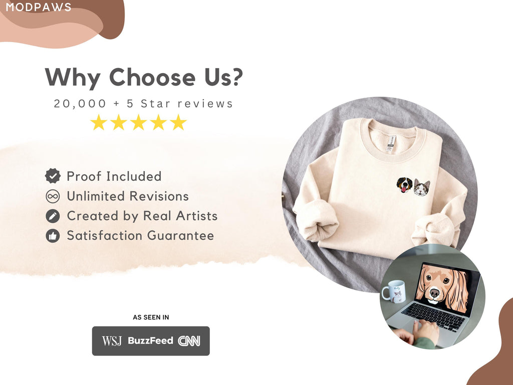 May include: A beige crewneck sweatshirt featuring a small embroidered dog and cat portrait on the chest. The image includes text stating Why Choose Us, 20,000 + 5 Star reviews, Proof Included, Unlimited Revisions, Created by Real Artists, and Satisfaction Guarantee.