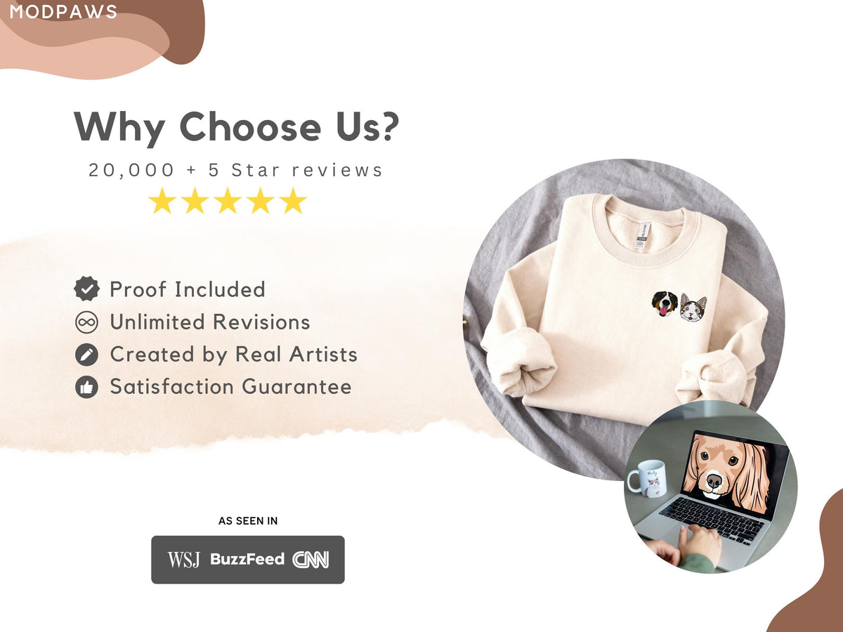 May include: A beige crewneck sweatshirt featuring a small embroidered dog and cat portrait on the chest. The image includes text stating Why Choose Us, 20,000 + 5 Star reviews, Proof Included, Unlimited Revisions, Created by Real Artists, and Satisfaction Guarantee.