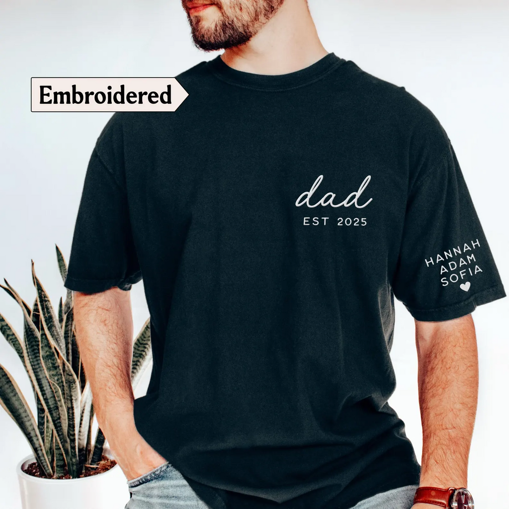 Custom Dad Embroidered T-Shirt With Kids Names on Sleeve, Personalized Father’s Day Gift