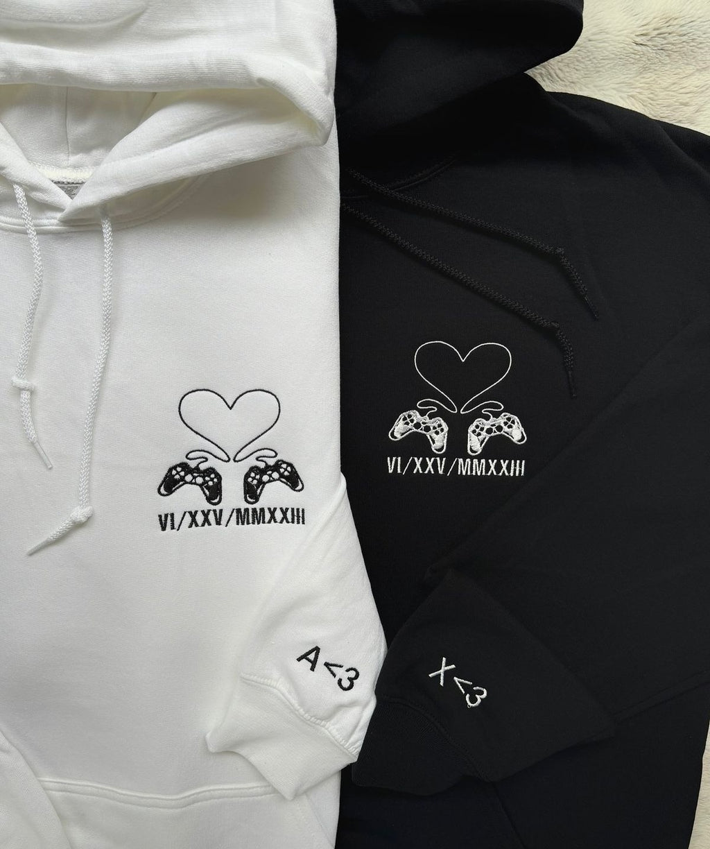 Gamer Couple Hoodie, Matching Game Controller Embroidery, Personalized Date & Initials, Anniversary Gift for Him and Her