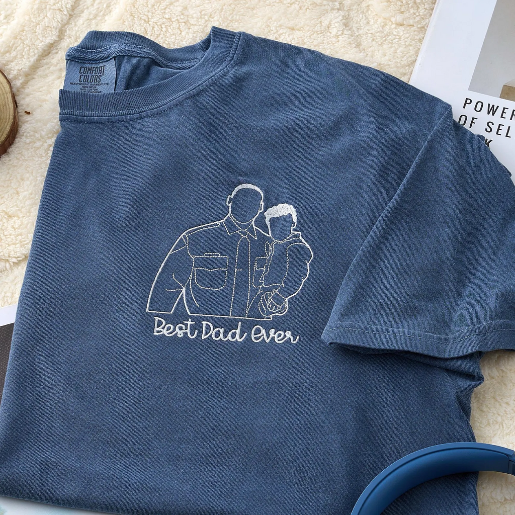 Custom Embroidered Dad Shirt, Personalized Photo Line Art Portrait Tee