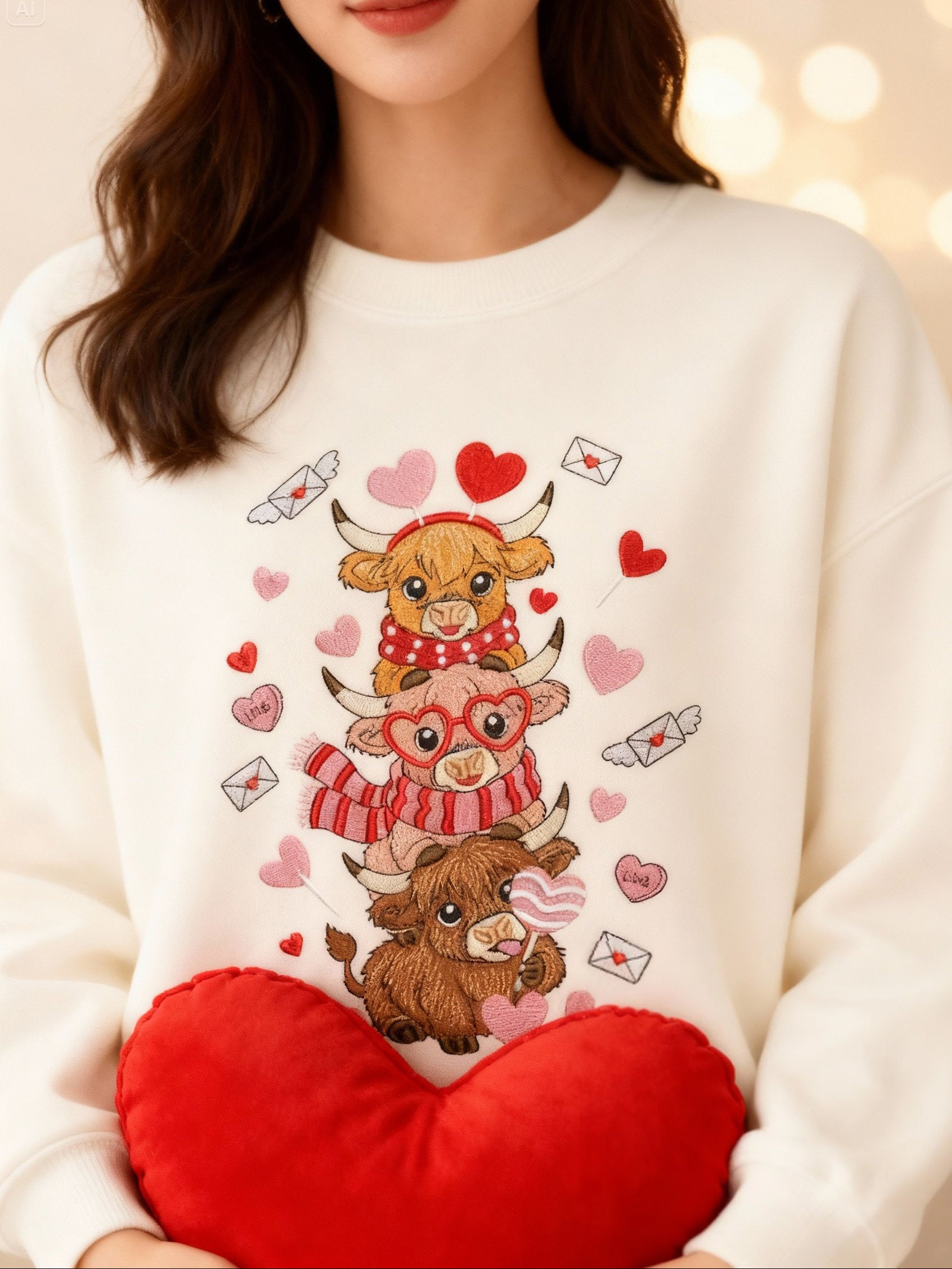 Highland Cow Embroidery Sweatshirt, Valentine Coquette Embroidery Sweatshirt, Retro Valentine Heart