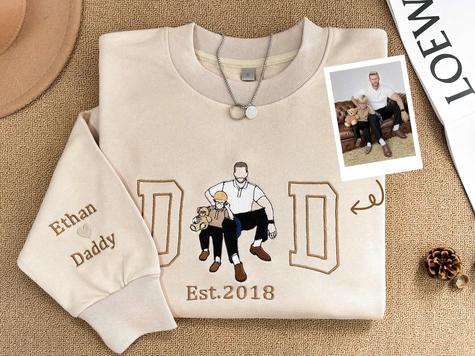 Custom Dad Embroidered Photo Portrait Sweatshirt, Personalized Father’s Day Gift with Name on Sleeve