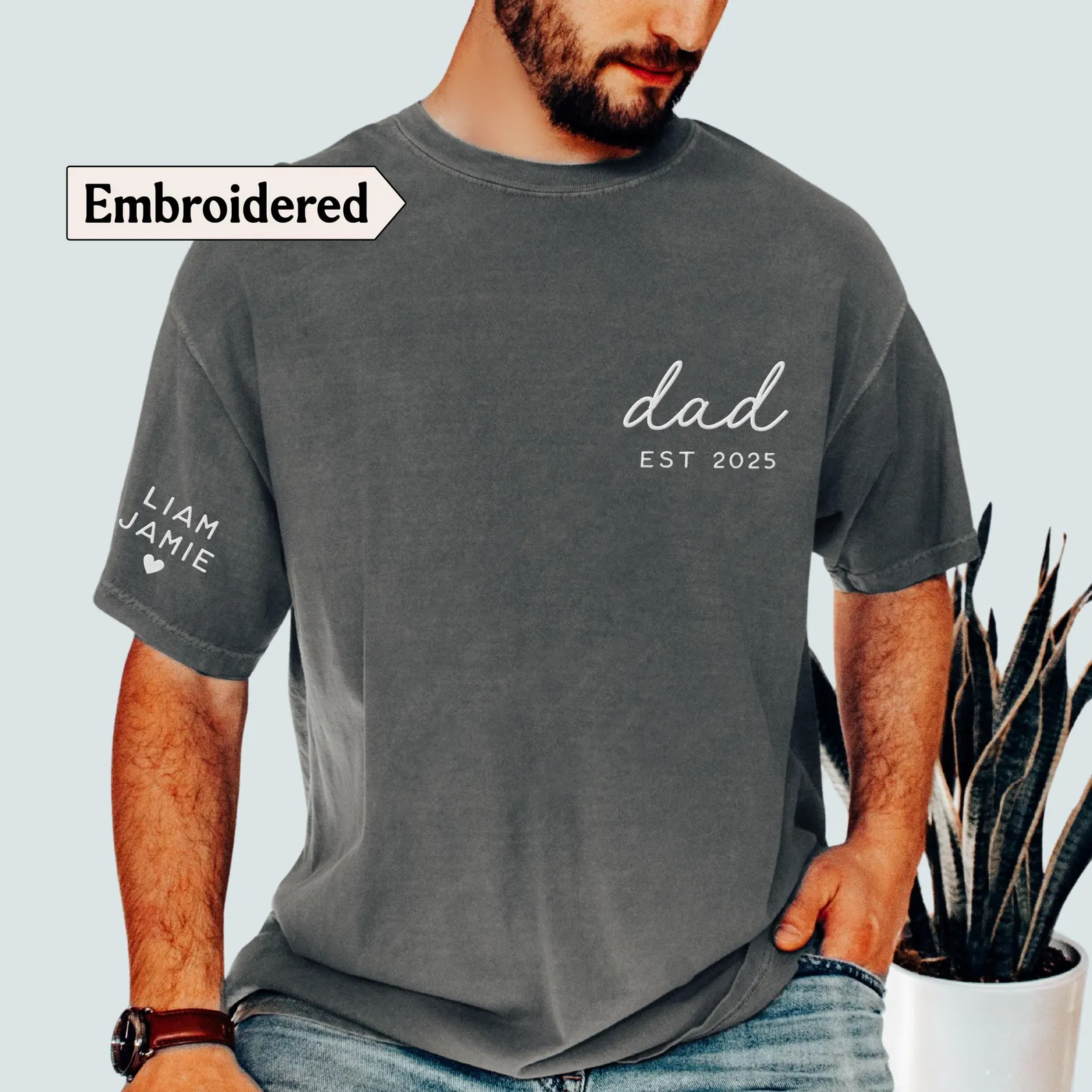 Custom Dad Embroidered T-Shirt With Kids Names on Sleeve, Personalized Father’s Day Gift