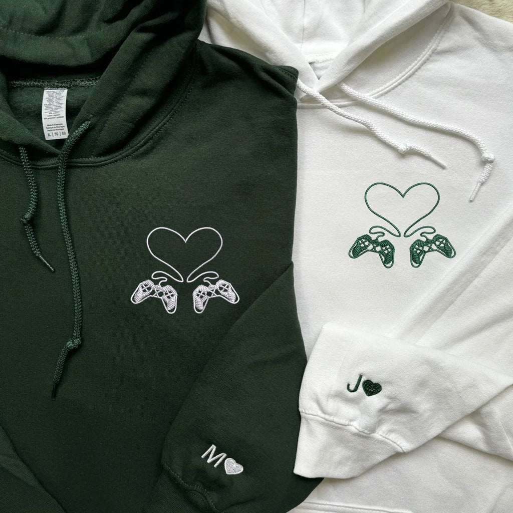 Gamer Couple Hoodie, Matching Game Controller Embroidery, Personalized Date & Initials, Anniversary Gift for Him and Her