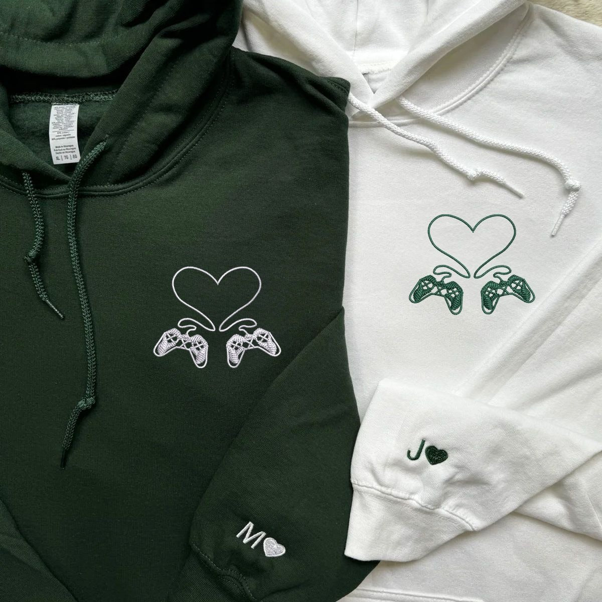 Gamer Couple Hoodie, Matching Game Controller Embroidery, Personalized Date & Initials, Anniversary Gift for Him and Her