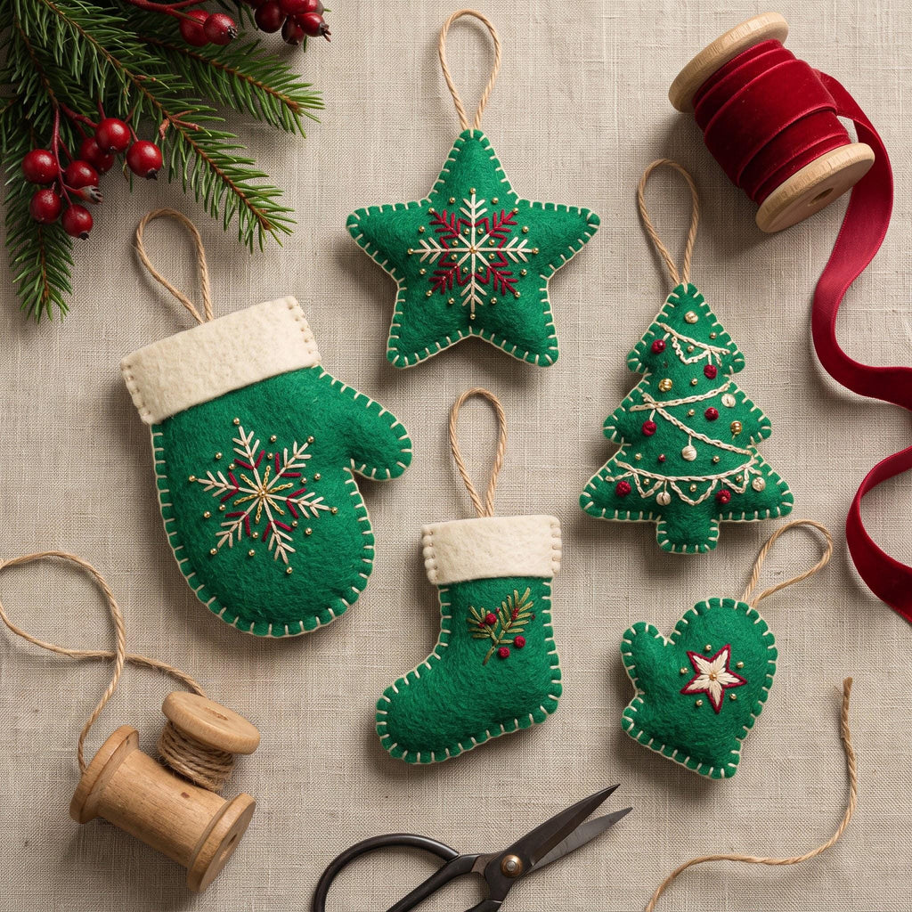 Embroidered Felt Christmas Ornaments Set, Handmade Mitten Star Tree Stocking, Rustic Holiday Decor