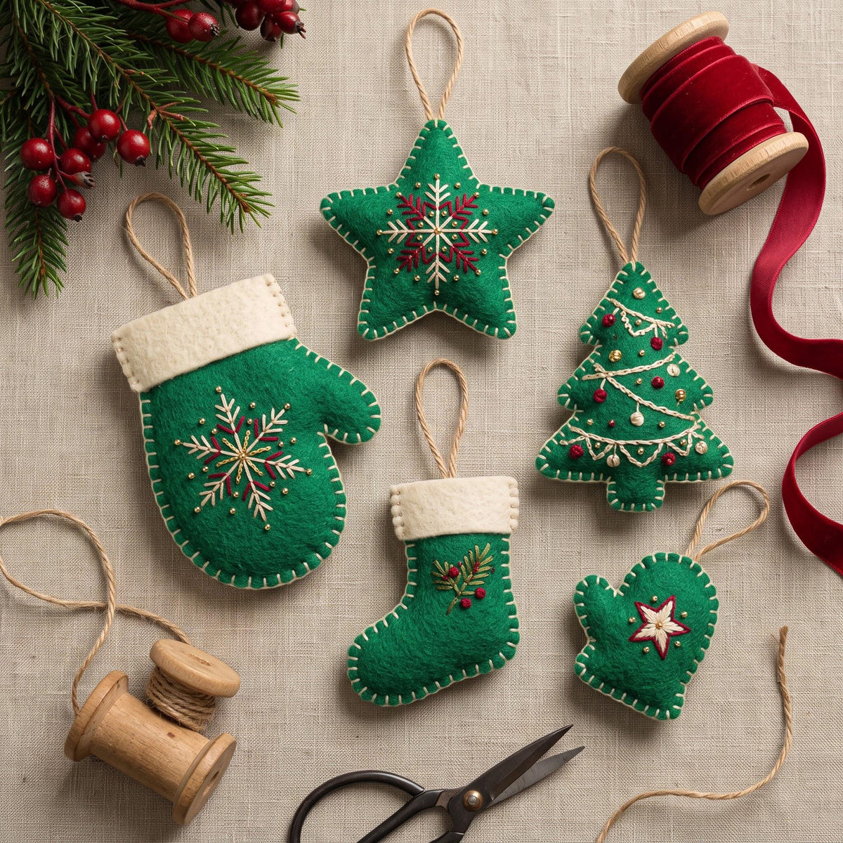 Embroidered Felt Christmas Ornaments Set, Handmade Mitten Star Tree Stocking, Rustic Holiday Decor