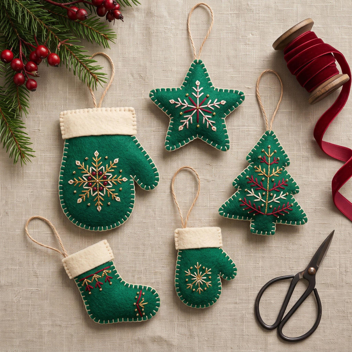 Embroidered Felt Christmas Ornaments Set, Handmade Mitten Star Tree Stocking, Rustic Holiday Decor