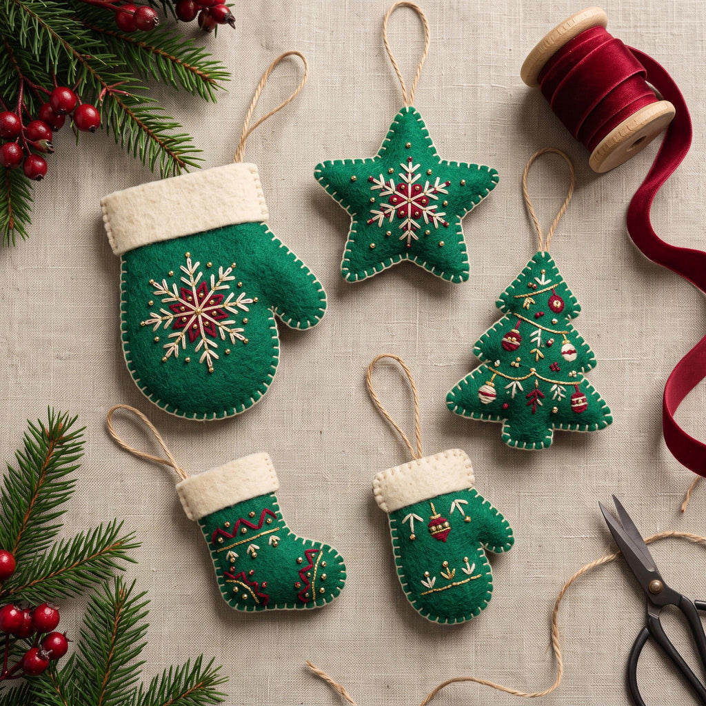 Embroidered Felt Christmas Ornaments Set, Handmade Mitten Star Tree Stocking, Rustic Holiday Decor
