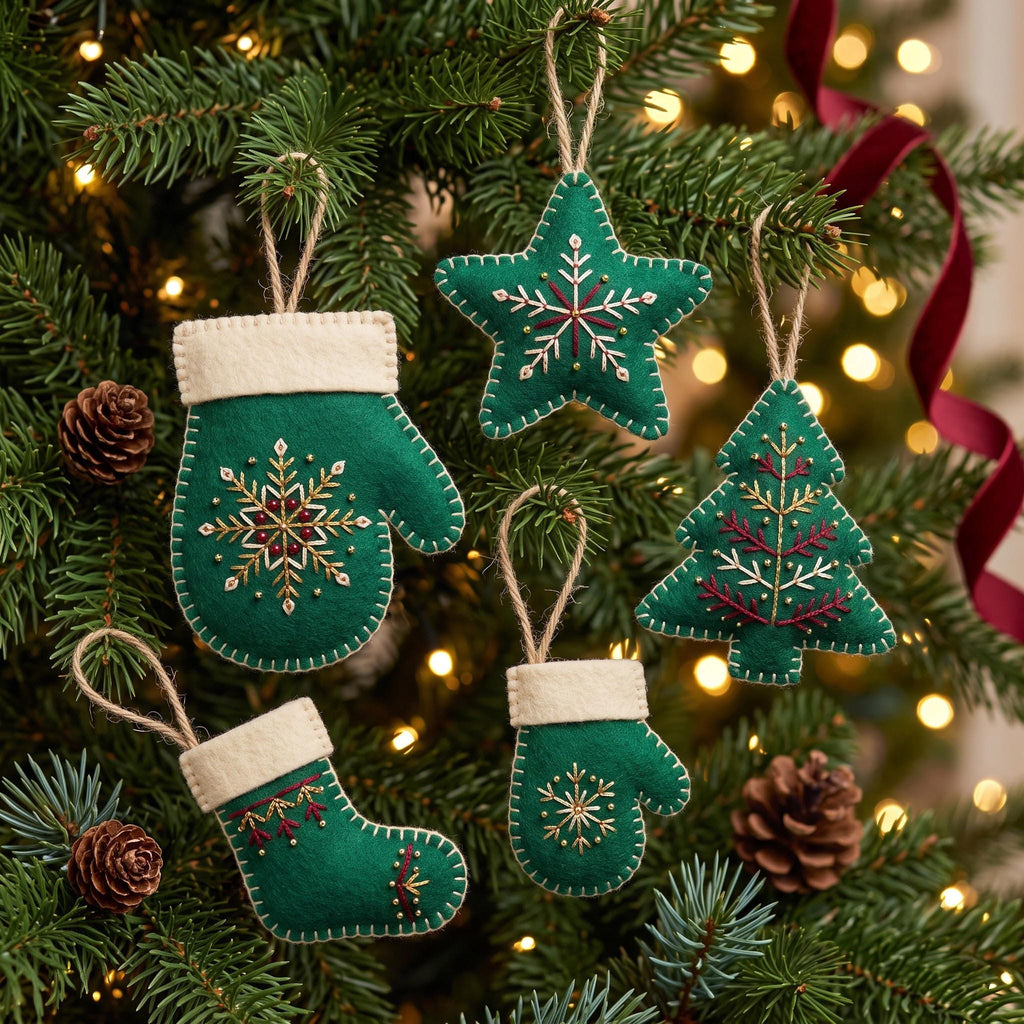 May include: A set of five felt ornaments in dark green and cream, featuring a mitten, a star, a Christmas tree, and a stocking. Each piece is decorated with intricate gold, white, and maroon embroidery, including snowflake and branch motifs.