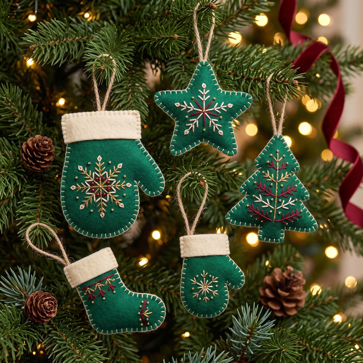 May include: A set of five felt ornaments in dark green and cream, featuring a mitten, a star, a Christmas tree, and a stocking. Each piece is decorated with intricate gold, white, and maroon embroidery, including snowflake and branch motifs.