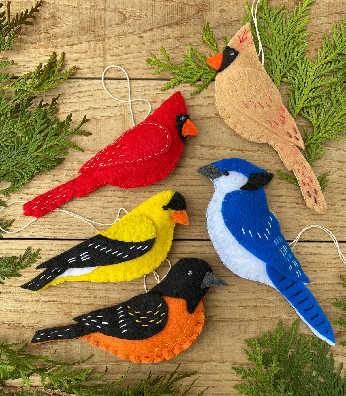 May include: Five felt bird ornaments, each with a different color and design. The birds are a cardinal, a blue jay, a yellow finch, a robin, and a tan cardinal. The ornaments are all handmade and have a rustic, vintage look.