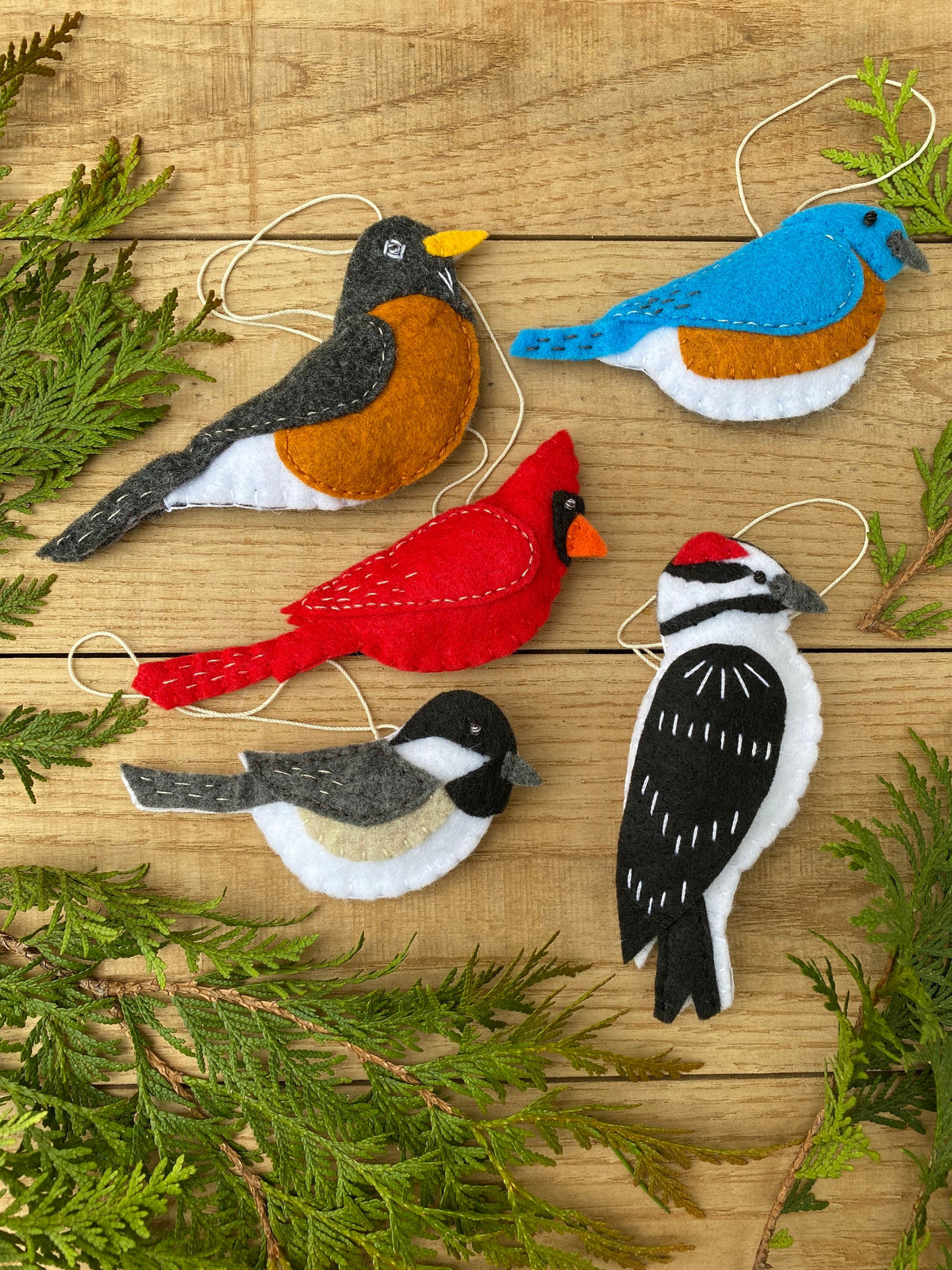 May include: Five felt bird ornaments, each with a different design and color. The birds are a robin, a cardinal, a bluebird, a chickadee, and a woodpecker. The ornaments are hanging from a string.