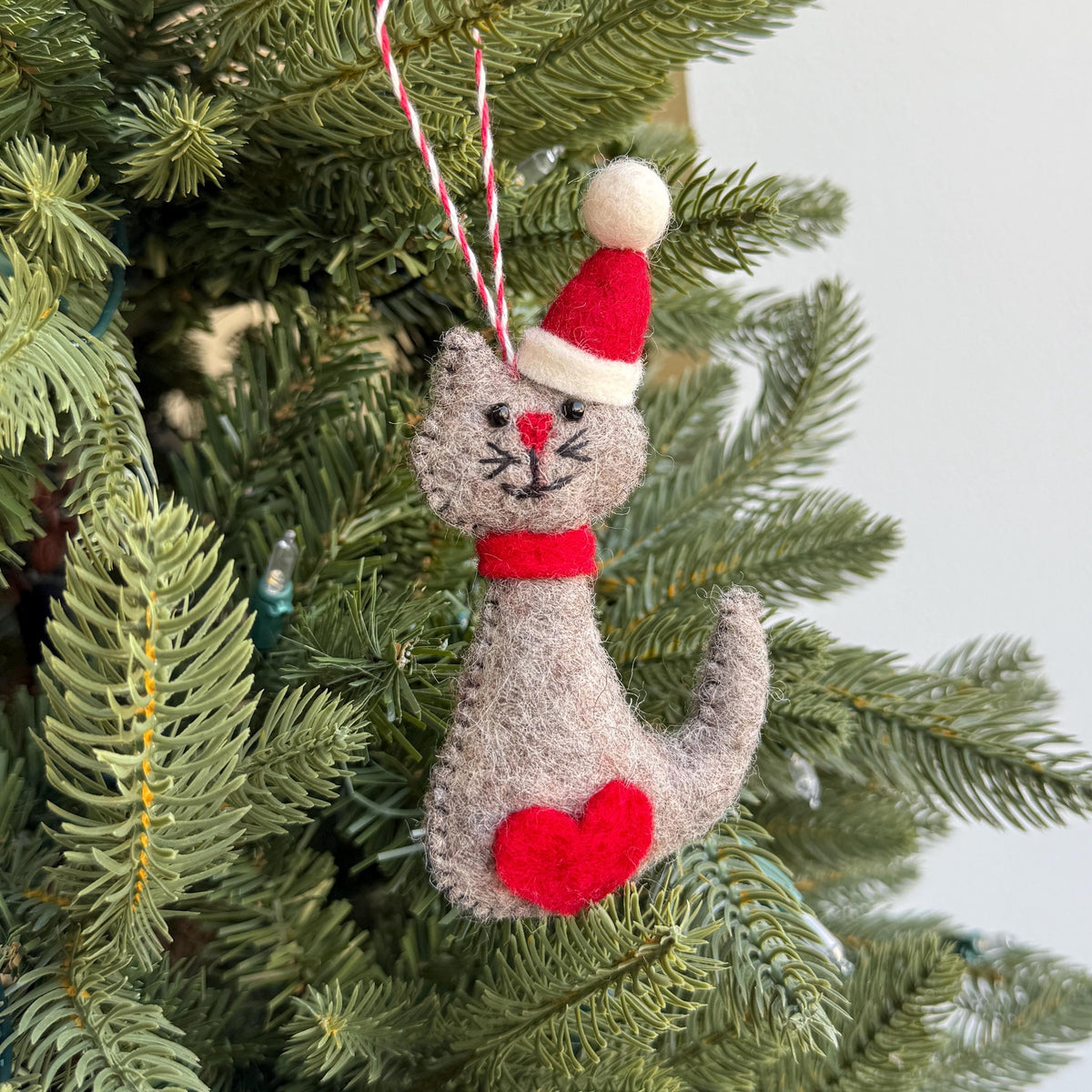 Felt Cat Christmas Ornament: Fair Trade Wool Kitty in Santa Hat