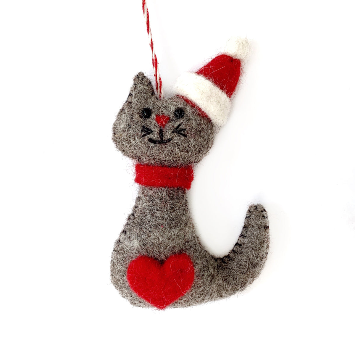 Felt Cat Christmas Ornament: Fair Trade Wool Kitty in Santa Hat