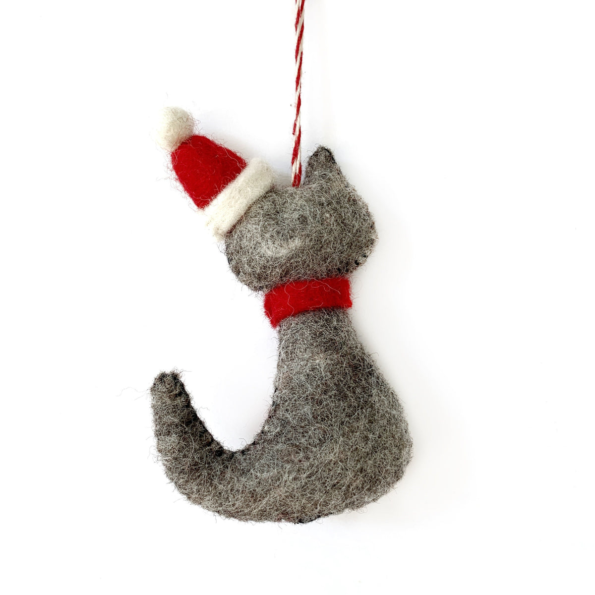 Felt Cat Christmas Ornament: Fair Trade Wool Kitty in Santa Hat