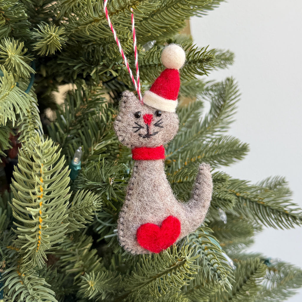 Felt Cat Christmas Ornament: Fair Trade Wool Kitty in Santa Hat