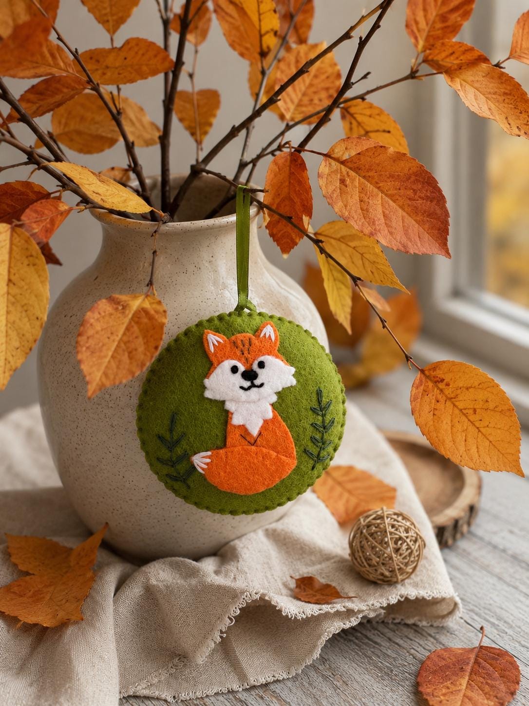 May include: A circular felt ornament featuring an orange and white fox appliqu&eacute; on a green background. The fox has embroidered facial features and a bushy tail. The ornament is suspended by a green ribbon and includes stitched leaf details.