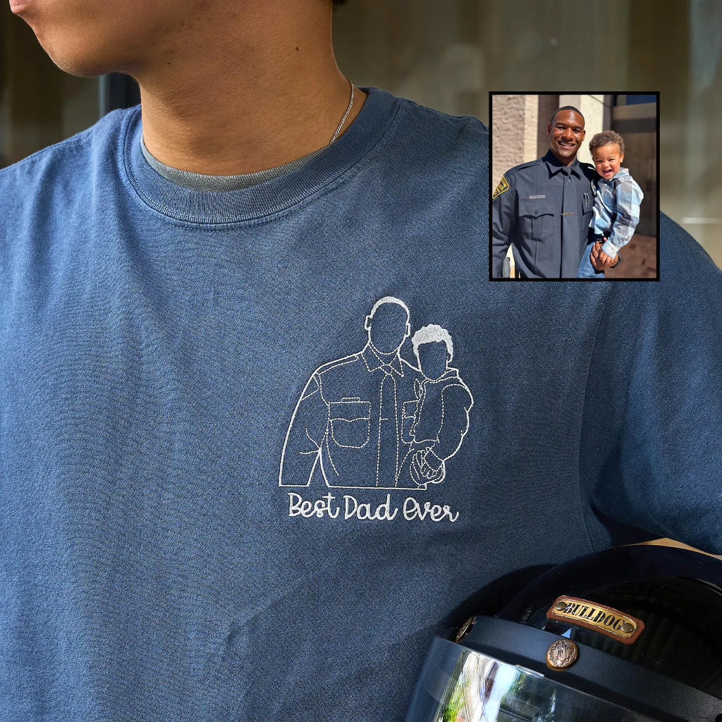 Custom Embroidered Dad Shirt, Personalized Photo Line Art Portrait Tee