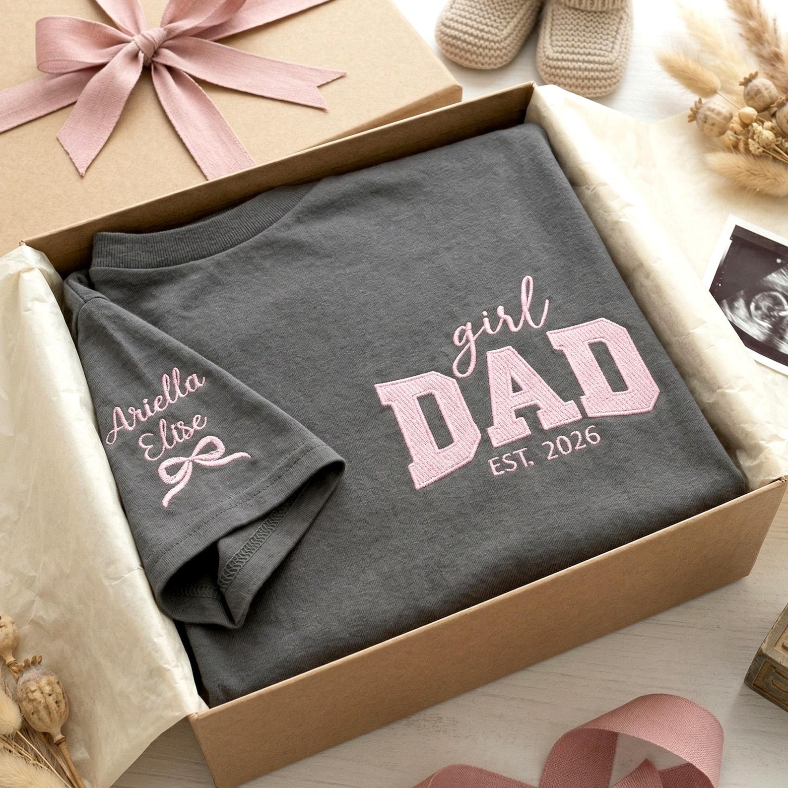 Custom Girl Dad Embroidered Shirt With Baby Name, Pregnancy Announcement Gift