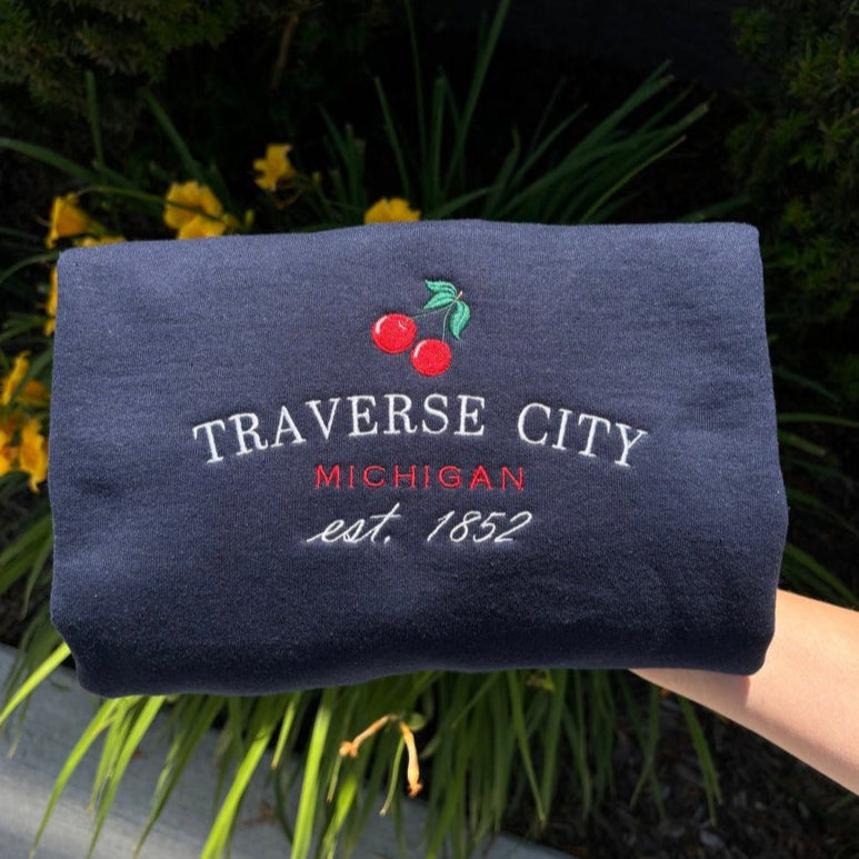 Embroidered Traverse City Michigan Sweatshirt, Embroidered Sweatshirts Your Town and State Shirt Custom Embroidered Sweatshirt