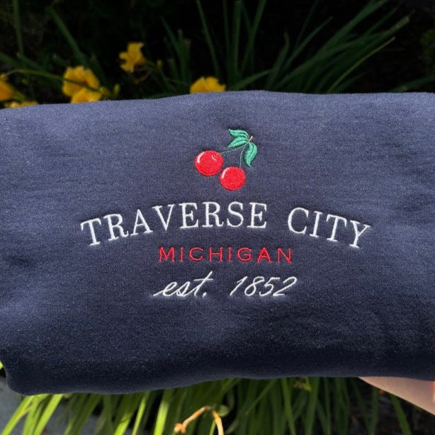 Embroidered Traverse City Michigan Sweatshirt, Embroidered Sweatshirts Your Town and State Shirt Custom Embroidered Sweatshirt