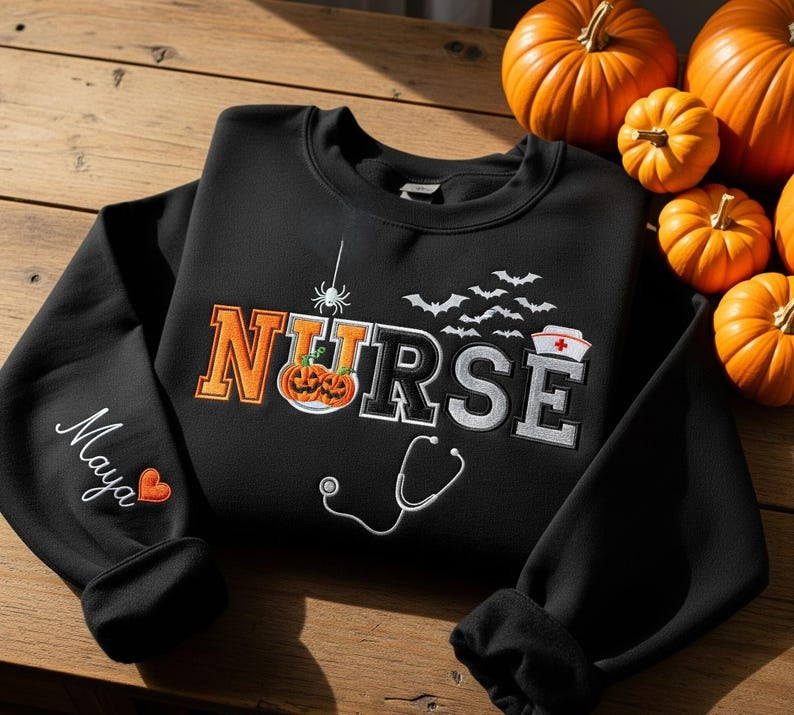 Halloween Nurse Embroidered SweatShirt Spooky Nurse T-Shirt Halloween Gift for Nurse RN Shirt New Nurse Graduation Gift Nursing School Shirt