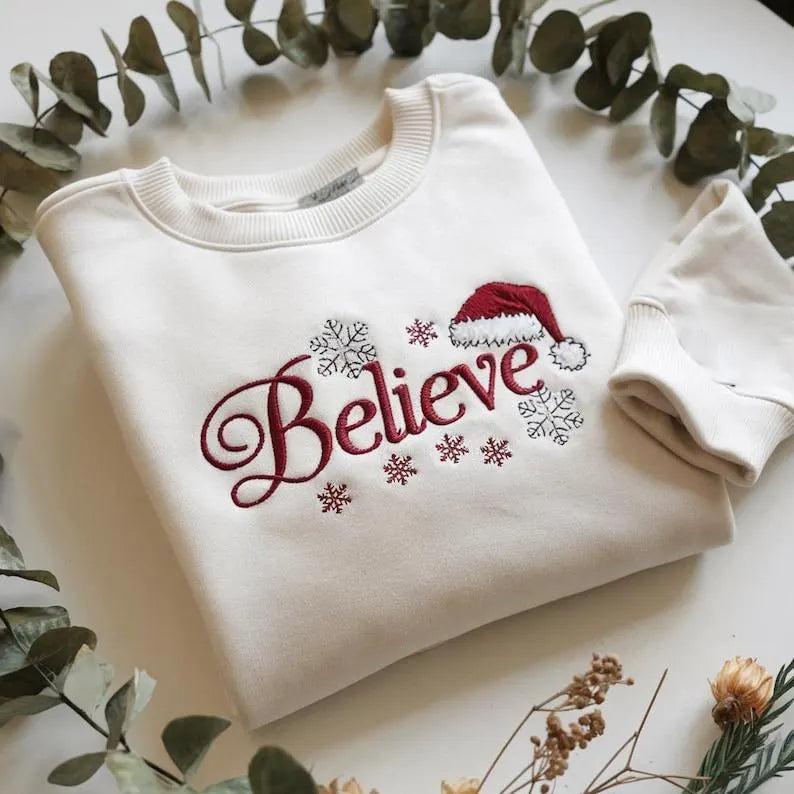 Believe Embroidered Christmas Sweatshirt, Personalized Holiday Gift, Cozy Winter Sweater for Her or Him