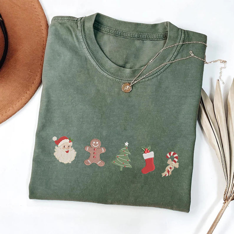 Christmas Embroidered Sweatshirt, Santa Tree Gingerbread Bow Design, Cozy Holiday Sweater, Personalized Christmas Gift