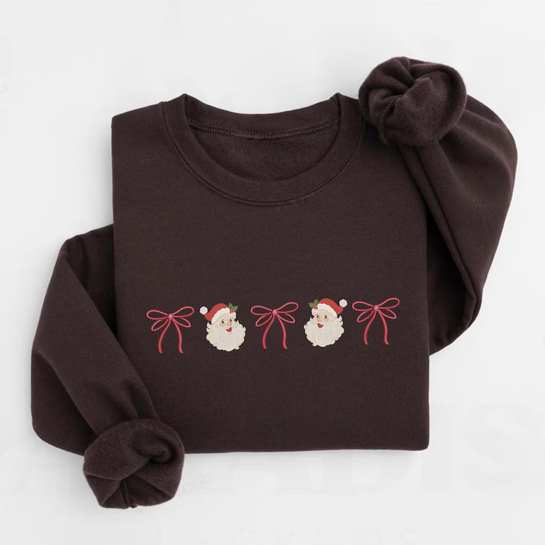 Christmas Embroidered Sweatshirt, Santa Tree Gingerbread Bow Design, Cozy Holiday Sweater, Personalized Christmas Gift