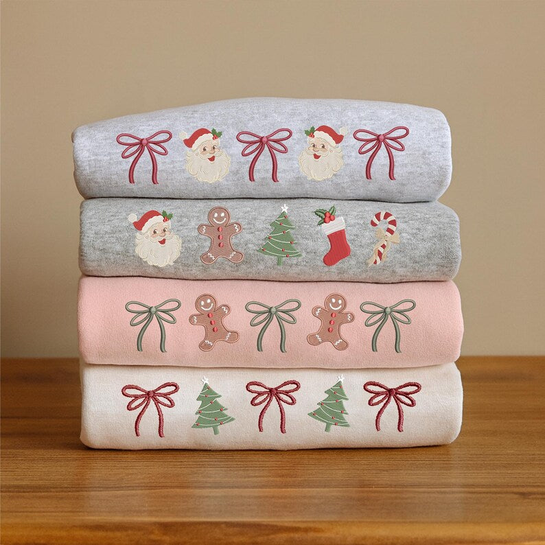 Christmas Embroidered Sweatshirt, Santa Tree Gingerbread Bow Design, Cozy Holiday Sweater, Personalized Christmas Gift