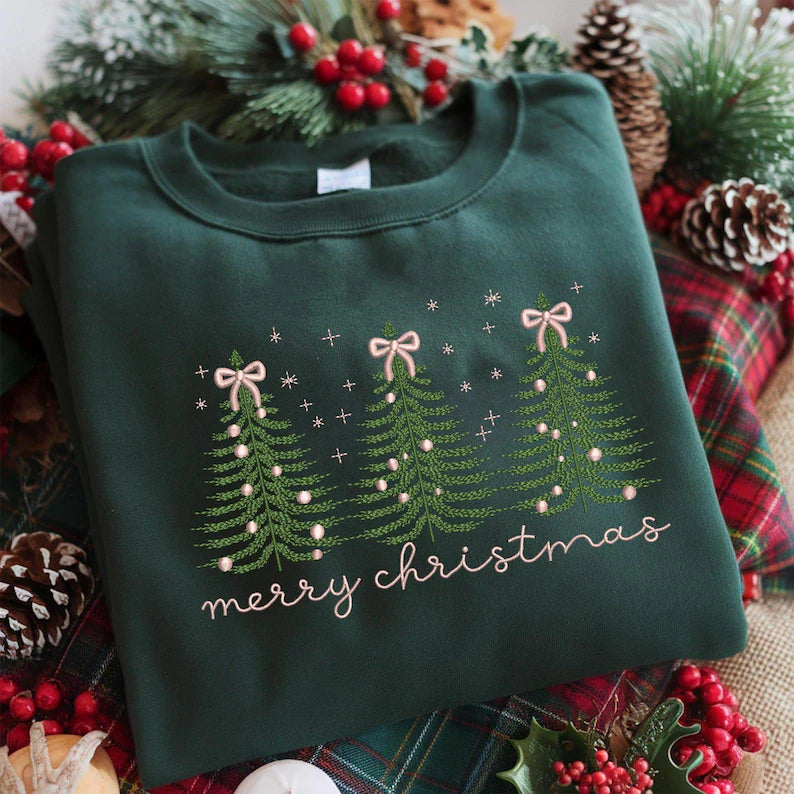 Custom Christmas Tree Embroidered Sweatshirt – Personalized Holiday Bow Tree Design – Festive Winter Gift for Family and Friends